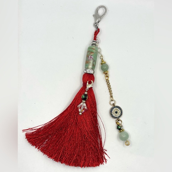 Handmade Red Tassel Charm with Aventurine Beads & Evil Eye – bag charm- New - Picture 6 of 6